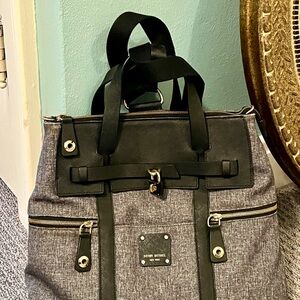 Henri Bensel large convertible backpack, purple lining, gray canvas fabric/black